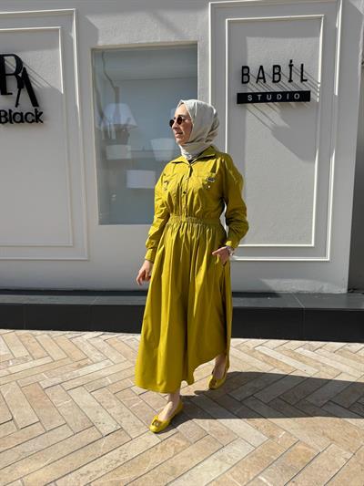 Beli Sıkmalı Poplin Kadın Elbise Yağ Yeşili