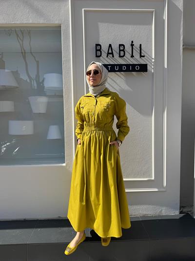Beli Sıkmalı Poplin Kadın Elbise Yağ Yeşili