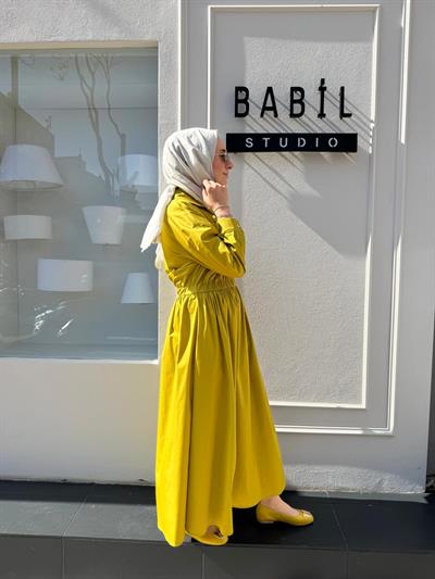 Beli Sıkmalı Poplin Kadın Elbise Yağ Yeşili