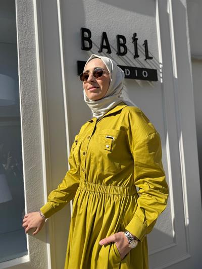 Beli Sıkmalı Poplin Kadın Elbise Yağ Yeşili