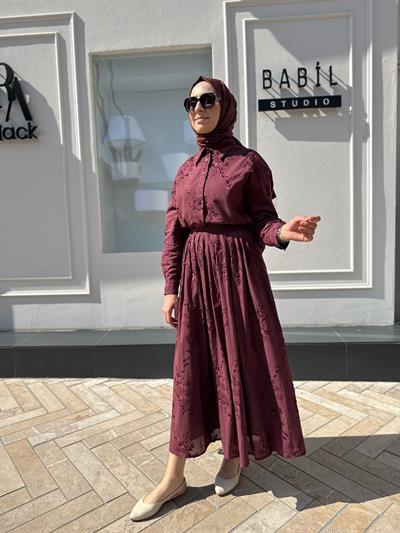 Bella Aplik Detaylı Brode Etekli Takım Bordo