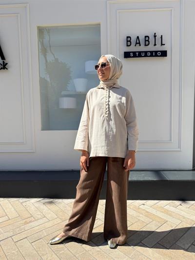 Boncuk İşlemeli Kadın Tunik Bej