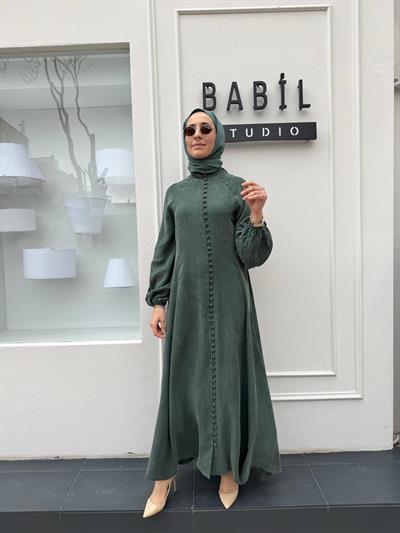 Brit Düğmeli Taşlanmış İpek Kadın Elbise Haki Yeşil