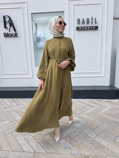 Brit Düğmeli Taşlanmış İpek Kadın Elbise Yağ Yeşili