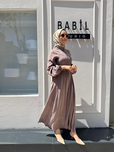 Brit Düğmeli Taşlanmış İpek Kadın Elbise ETUP