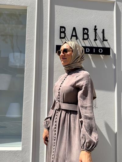 Brit Düğmeli Taşlanmış İpek Kadın Elbise ETUP