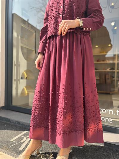 Brode Detaylı Melissa Kadın Etekli Takım Bordo