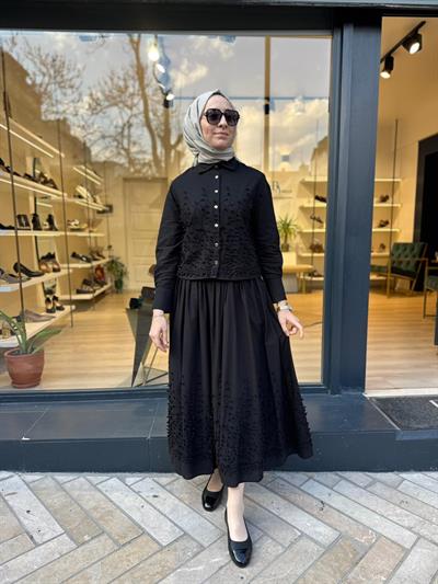Brode Detaylı Melissa Kadın Etekli Takım Siyah