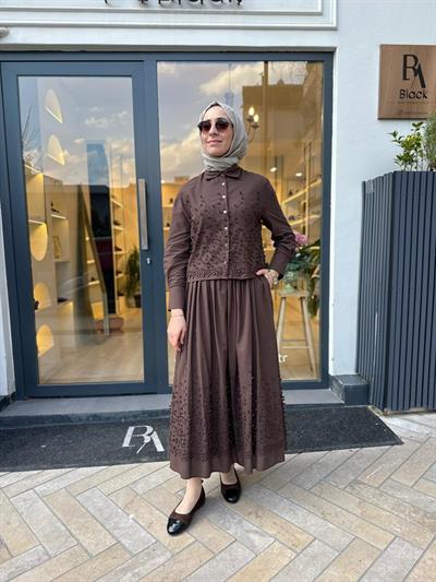 Brode Detaylı Melissa Kadın Etekli Takım Kahve