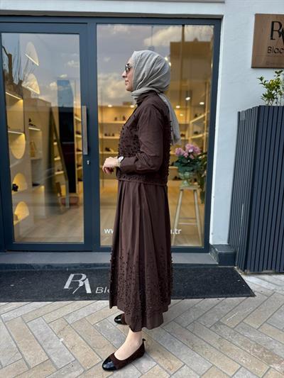 Brode Detaylı Melissa Kadın Etekli Takım Kahve