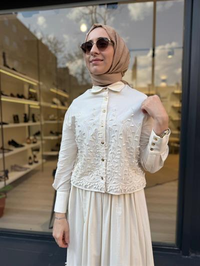 Brode Detaylı Melissa Kadın Etekli Takım Ekru