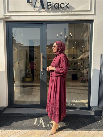 Brode Detaylı Melissa Kadın Etekli Takım Bordo