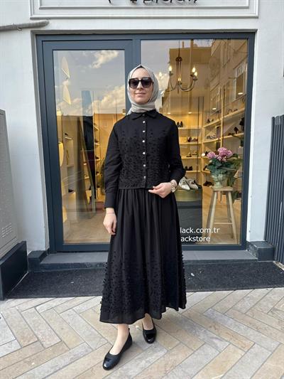 Brode Detaylı Melissa Kadın Etekli Takım Siyah