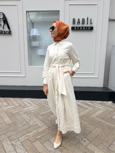 Brode İşlemeli Melissa Kadın Elbise Ekru