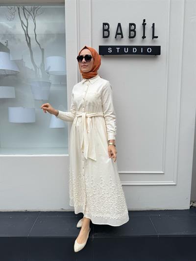 Brode İşlemeli Melissa Kadın Elbise Ekru