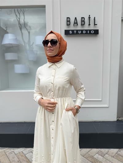 Brode İşlemeli Melissa Kadın Elbise Ekru