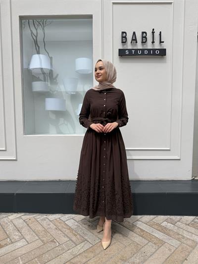 Brode İşlemeli Melissa Kadın Elbise Kahve
