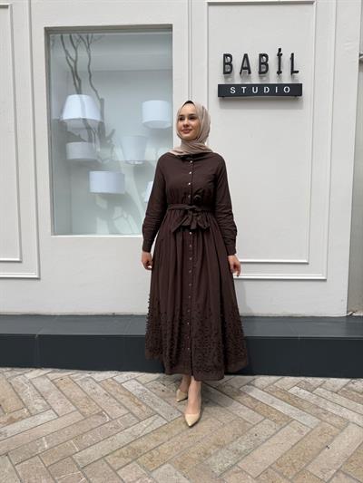 Brode İşlemeli Melissa Kadın Elbise Kahve