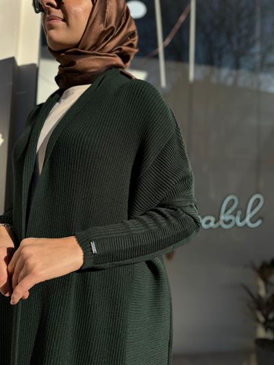 Broş Detaylı Örgülü Yün Kadın Hırka Haki Yeşil