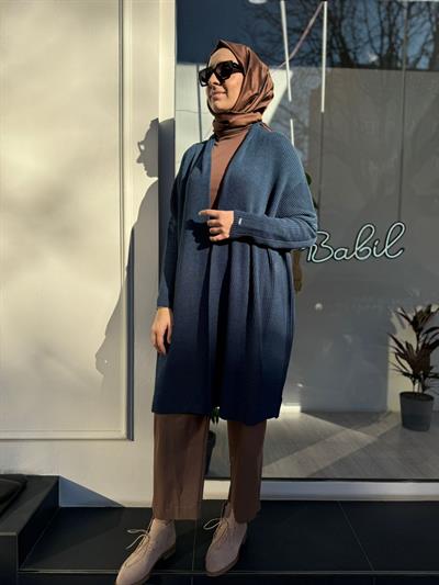 Broş Detaylı Örgülü Yün Kadın Hırka Indigo