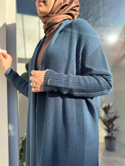 Broş Detaylı Örgülü Yün Kadın Hırka Indigo
