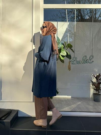 Broş Detaylı Örgülü Yün Kadın Hırka Indigo