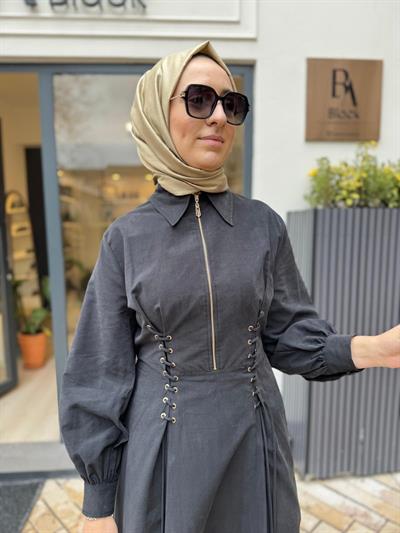 Çapraz Bağlamalı Beli Büzgülü Kadın Elbise Siyah