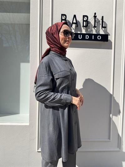 Cepli Düğmeli Kadın İnce Kot Gömlek Gri