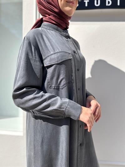 Cepli Düğmeli Kadın İnce Kot Gömlek Gri