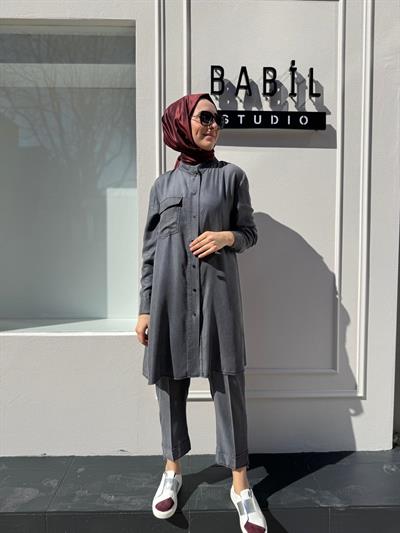 Cepli Düğmeli Kadın İnce Kot Gömlek Gri