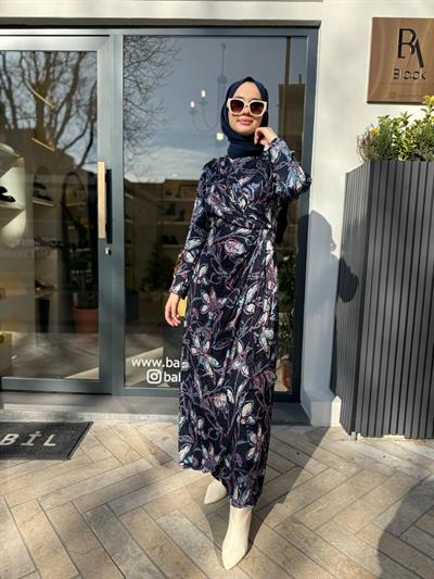 Çiçek Desenli Bağlama Detaylı Kadın Elbise Lacivert