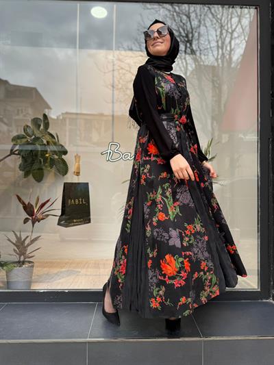 Çiçek Desenli İpek Kadın Elbise Siyah