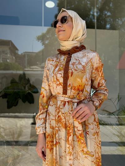 Çiçek Desenli Kadın İpek Elbise Oranj