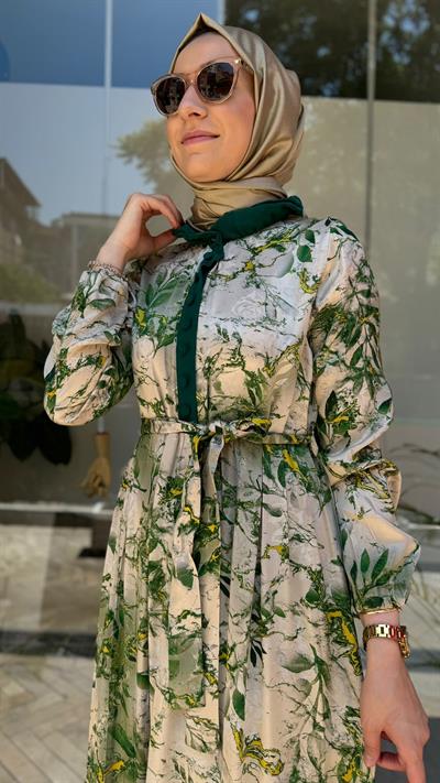 Çiçek Desenli Kadın İpek Elbise Yeşil