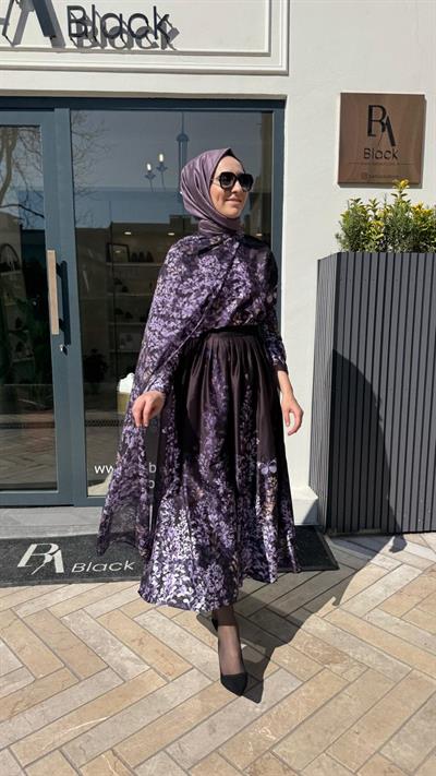 Çiçek Desenli Şal Detaylı Kadın Takım Siyah