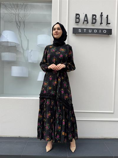 Çicek Desenli Yelekli Kadın Elbise Siyah