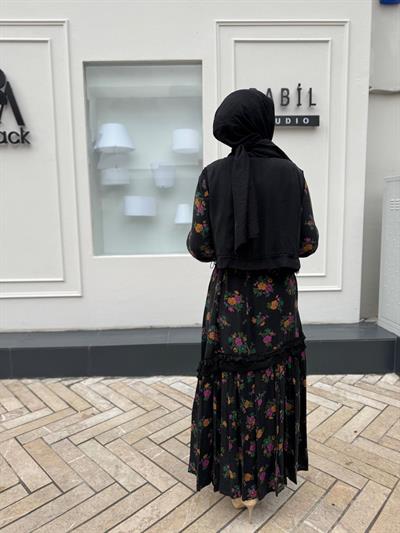 Çicek Desenli Yelekli Kadın Elbise Siyah