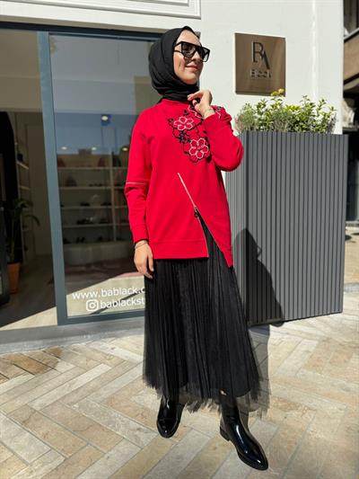 Çiçek Fermuar Detaylı Garde Kadın Sweat Kırmızı