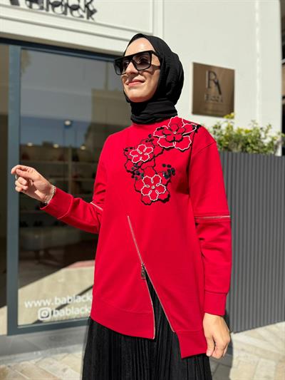 Çiçek Fermuar Detaylı Garde Kadın Sweat Kırmızı