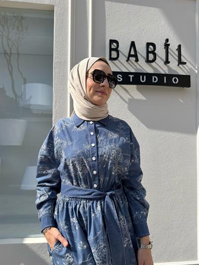 Çiçek İşleme Desenli Denim Kadın Elbise Indigo