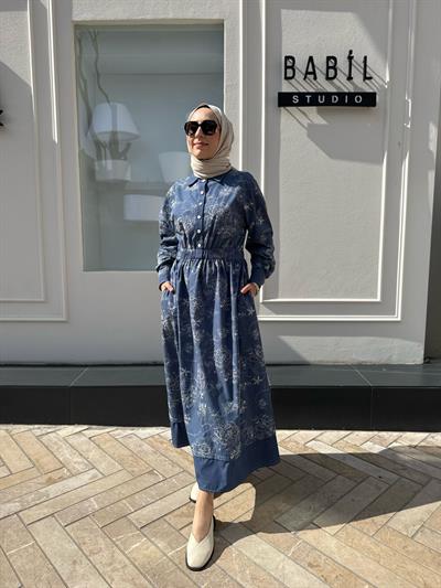 Çiçek İşleme Desenli Denim Kadın Elbise Indigo