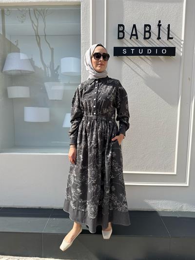Çiçek İşleme Desenli Denim Kadın Elbise Siyah