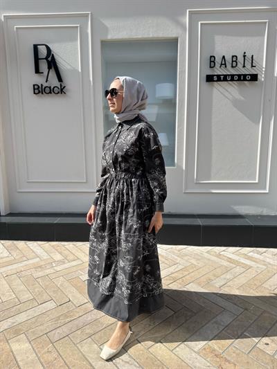 Çiçek İşleme Desenli Denim Kadın Elbise Siyah