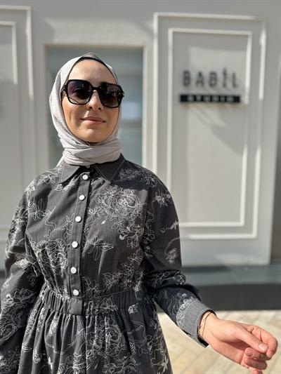 Çiçek İşleme Desenli Denim Kadın Elbise Siyah
