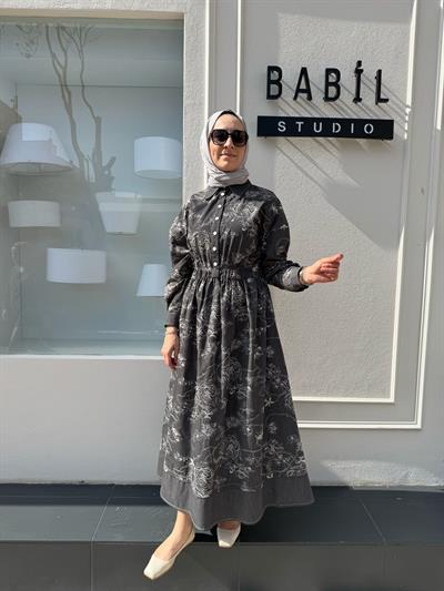 Çiçek İşleme Desenli Denim Kadın Elbise Siyah