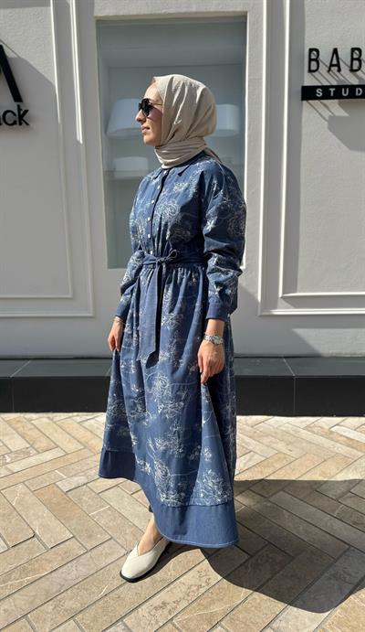 Çiçek İşleme Desenli Denim Kadın Elbise Indigo