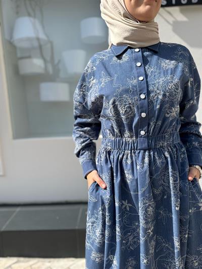 Çiçek İşleme Desenli Denim Kadın Elbise Indigo