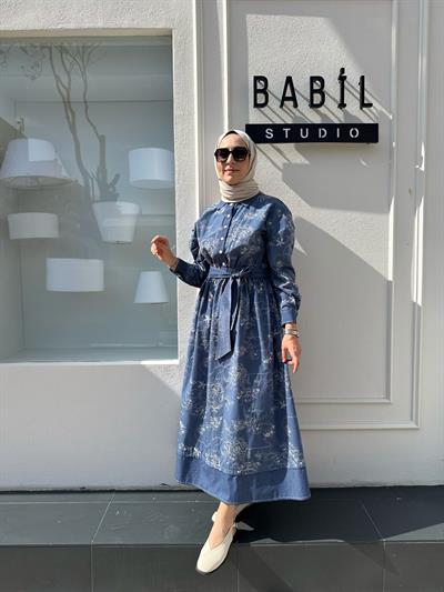 Çiçek İşleme Desenli Denim Kadın Elbise Indigo