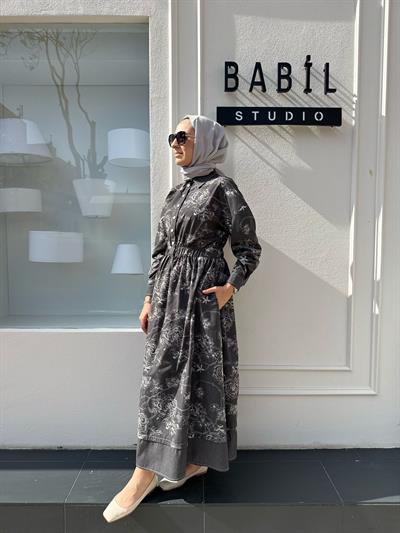 Çiçek İşleme Desenli Denim Kadın Elbise Siyah
