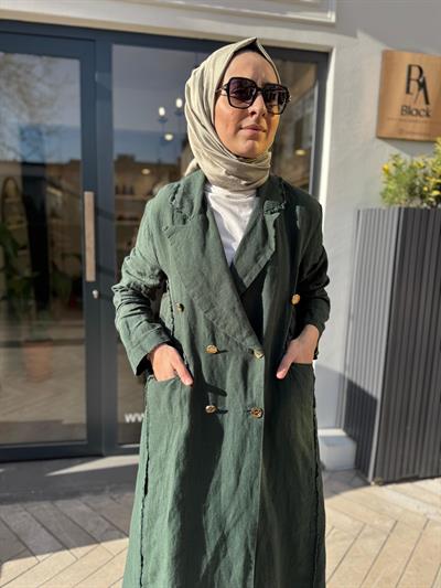 Çift Düğmeli Keten Yırtmaçlı Kadın Ceket Yeşil